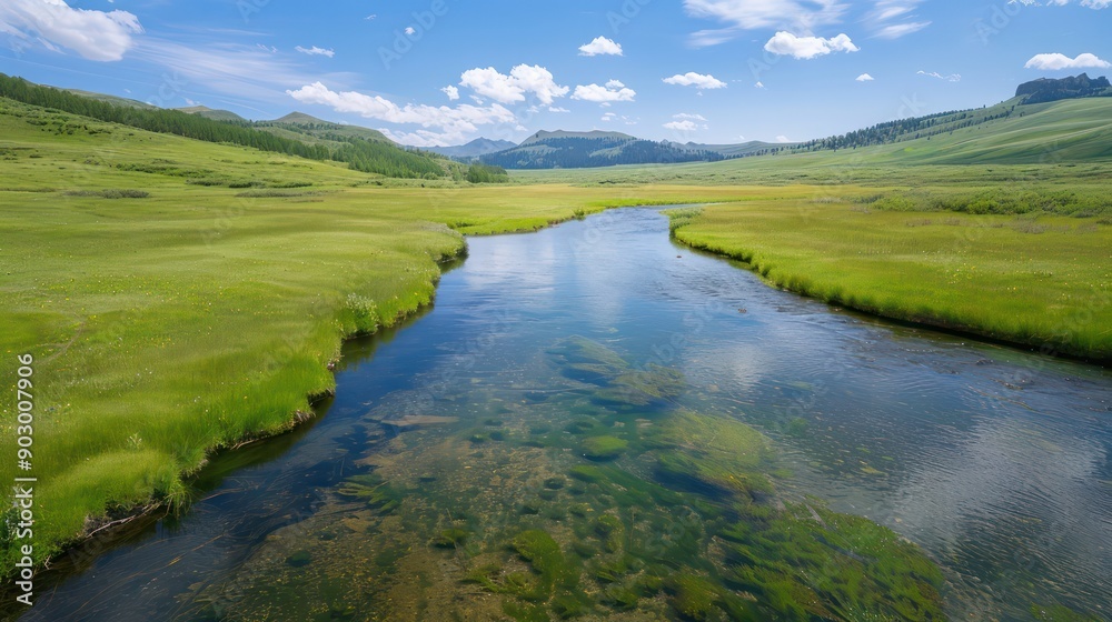 Poster a river runs through a grassy field. the water is clear and calm. the sky is blue and there are some