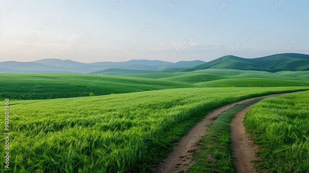 Poster a road runs through a lush green field with mountains in the background. the scene is peaceful and s