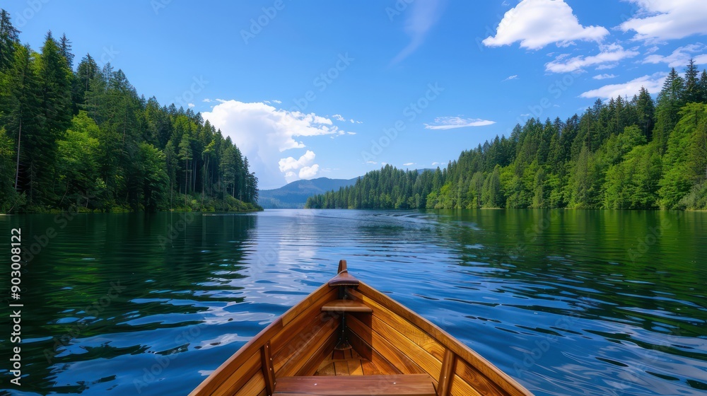 Poster a boat is floating on a lake with a clear blue sky above. the water is calm and peaceful, and the tr