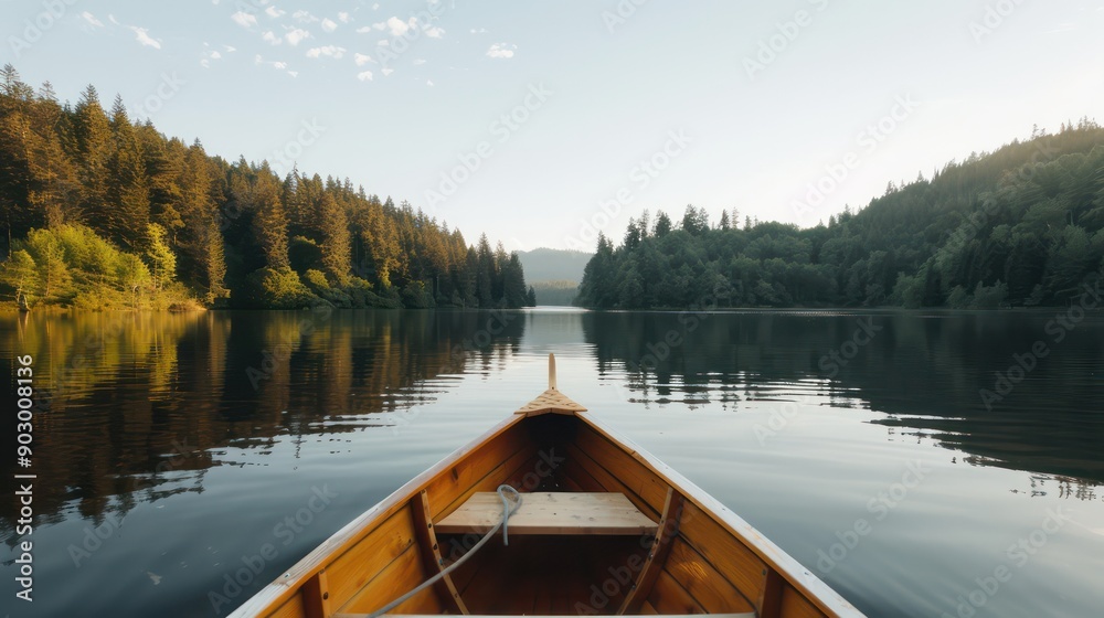 Poster a boat is in the middle of a lake, with trees in the background. the water is calm and the sky is cl