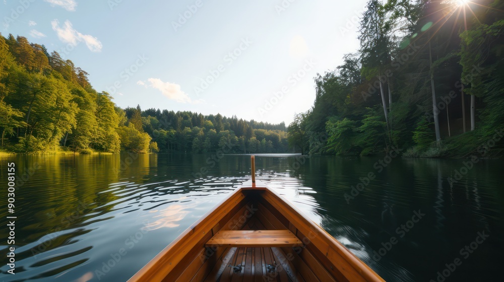 Aufkleber A boat is floating on a lake with trees in the background. The sun is shining on the water, creating a peaceful and serene atmosphere