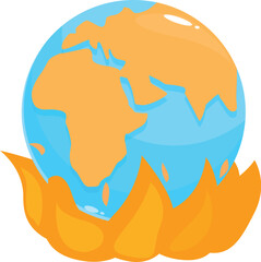 Cartoon illustration of planet earth burning in flames showing global warming