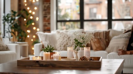 Fototapeta premium A living room with a wooden coffee table and a vase of flowers on it. The table is covered with candles and a few potted plants. The room has a cozy and warm atmosphere