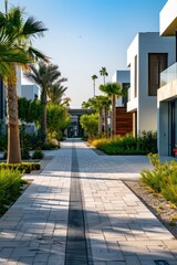 a walkway with palm trees and a building