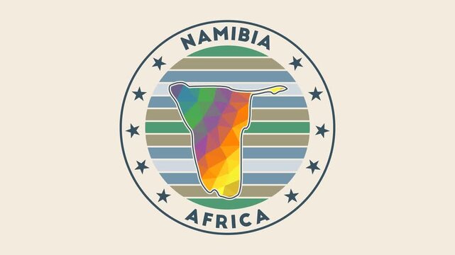 Namibia intro video. Badge with the circular name and map of the country in low poly tech geometric style. Artistic country round logo animation.