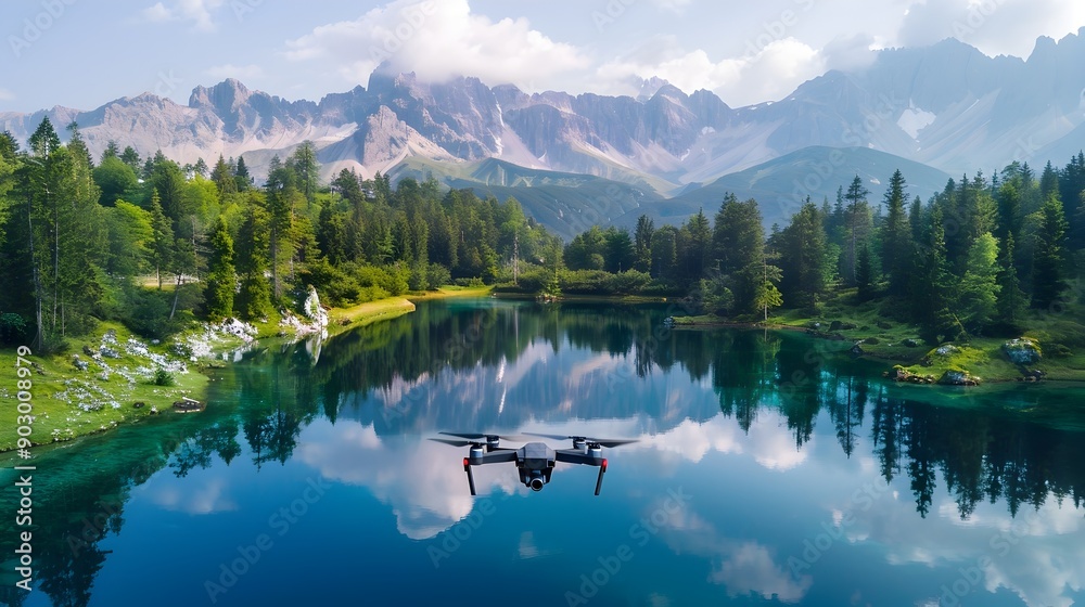 Sticker drone capturing serene mountain lake and reflection in scenic landscape