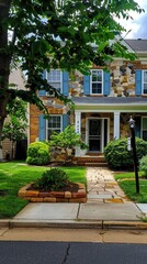 A beautiful stone house with large windows and a well-manicured lawn, set against a clear blue sky on a sunny afternoon