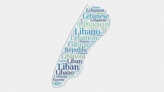 Lebanon logo animation. Lebanon boundary word cloud animation. Video of country names in multiple languages popping out on paper style background. Country opening, intro, presentation video.