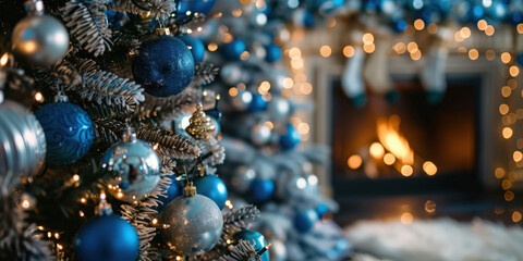 A Christmas tree with blue and white decorations and a real open fireplace
