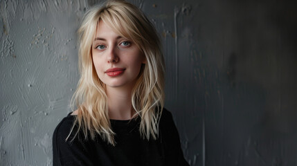 Fototapeta premium Blonde woman with wavy hair in casual black top against textured wall