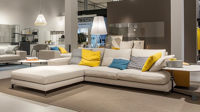 A serene living room features a comfortable sofa, a coffee table, and lush plants, illuminated warmly by soft lighting during the early evening hours