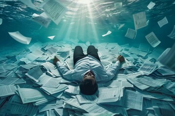 Man drowning in a sea of bills and invoices, representing financial overwhelm.