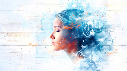 Fototapeta premium A woman's face is painted with blue and orange splatters, giving the impression of a dreamy, ethereal look
