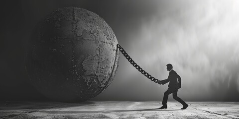 Businessperson pulling a heavy ball and chain made of debt, symbolizing financial burden.