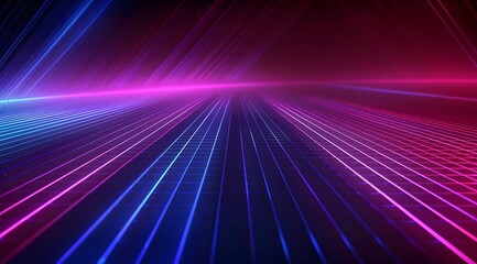 Fototapeta premium 3D grid background with neon light, retro wave, synthwave, vibrant color, vector illustration, glowing effect, neon rays, laser lines in violet and blue colors, 