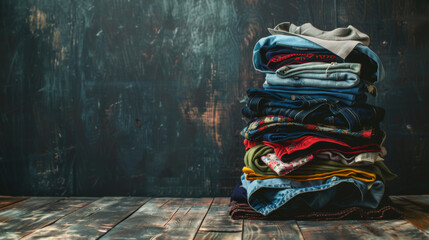 Obraz premium Close-up of a stack of clean clothes on a wooden shelf against a dark background. Copy space.