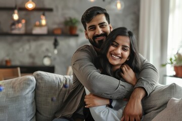 Loving indian spouses embracing, sitting on sofa in modern living room, husband hugging his wife and beaming with smiles together at camera, Generative AI