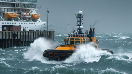 Tugboats maneuver around luxury yachts, guiding them safely through the busy harbor under cloudy skies
