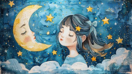 Good night, sweet dreams illustration featuring a girl with stars and the moon, a whimsical watercolor painting.