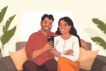 Cheerful indian couple using cellphone, shopping online or sharing social media, spouses sitting on sofa at home interior, woman embracing her husband, Generative AI