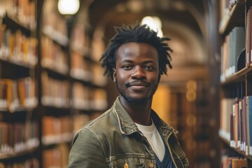 Fototapeta premium Diligent black male student standing in university library, surrounded by bookshelves, engaged in academic learning and research, smiling at camera, Generative AI