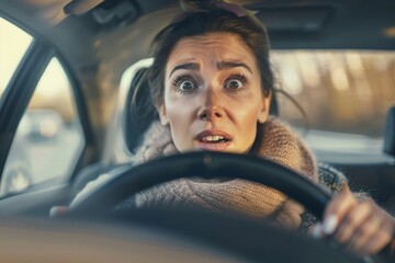 Obraz premium Front view portrait of scared woman driving car before an accident and looking with frightened facial expression, Generative AI