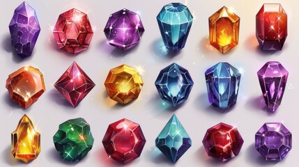 Fototapeta premium Set of colorful gem icons, sparkling and varied, perfect for decorative and design uses.