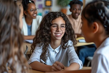 Happy diverse kids sitting at desk in classroom and talking with teacher, studying during lesson, woman explaining subject to pupils, Generative AI