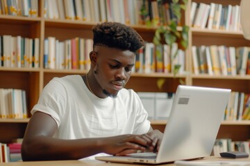 Positive Black male student reading book in university library sitting at desk with laptop, searching information for project, Generative AI