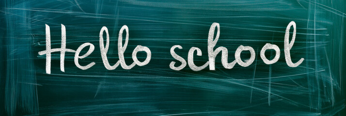 Greeting Written on Chalkboard Welcoming Students to School in a Classroom. 