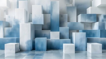 Abstract Blue and White Geometric Blocks in a Modern Space