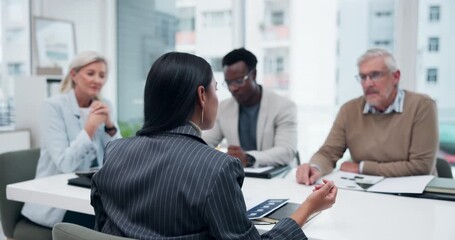 Meeting, diverse group and woman speaker in office for financial planning, budget and strategy for company growth. Female leader, proposal and talking at table for presentation, ideas and feedback