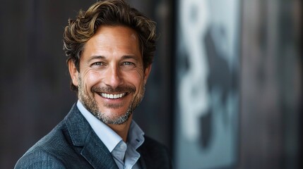 Fototapeta premium Confident Businessman Portrait: A mature man with a warm smile and confident demeanor, exuding success and approachability. 