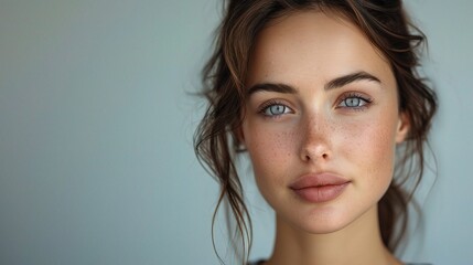 Fototapeta premium Captivating Gaze: A portrait of a young woman with piercing blue eyes, her gaze captivating and alluring. Her natural beauty and soft features are accentuated by her tousled hair