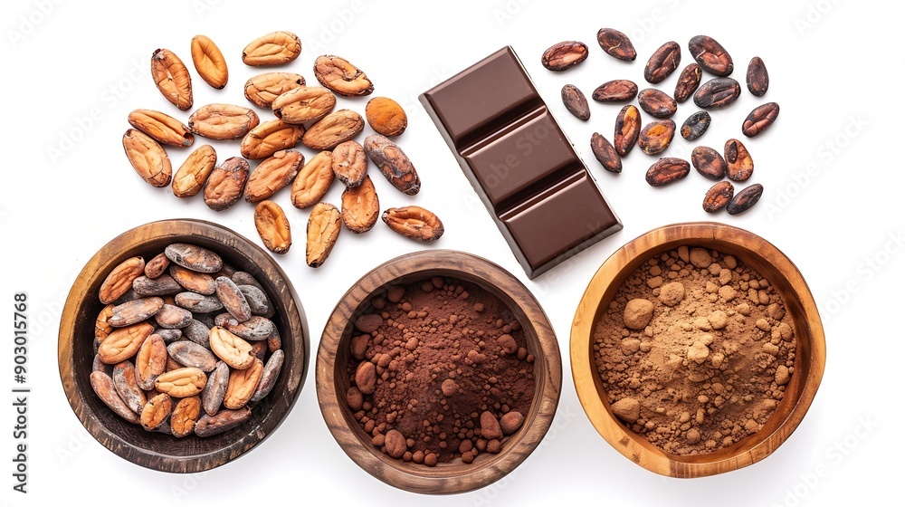 Poster chocolate ingredients in wooden bowls cocoa beans chocolate mass cocoa powder chocolate bars flat la