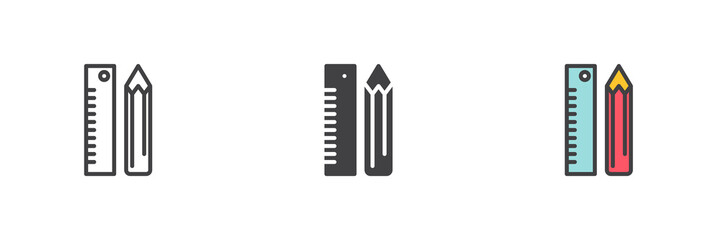 Pencil and ruler different style icon set.