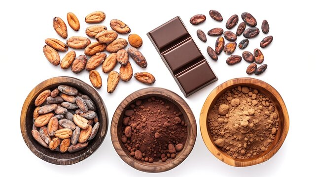 Chocolate ingredients in wooden bowls cocoa beans chocolate mass cocoa powder chocolate bars Flat lay isolated on white background : Generative AI