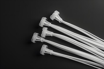 Collection of White Plastic Cable Ties on a Dark Background