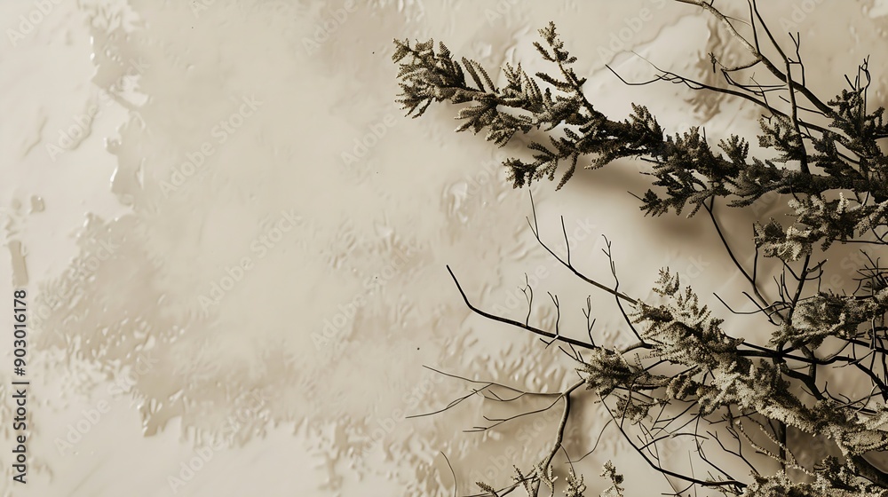 Poster abstract north nature scene with a composition of lichen pine branches and dry snags beige backgroun