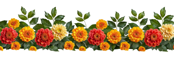 Orange and red marigold flowers isolated on transparent background. Chinese mid autumn festival or toran Indian traditional Diwali decoration. Symbol of mexican holiday Day of dead