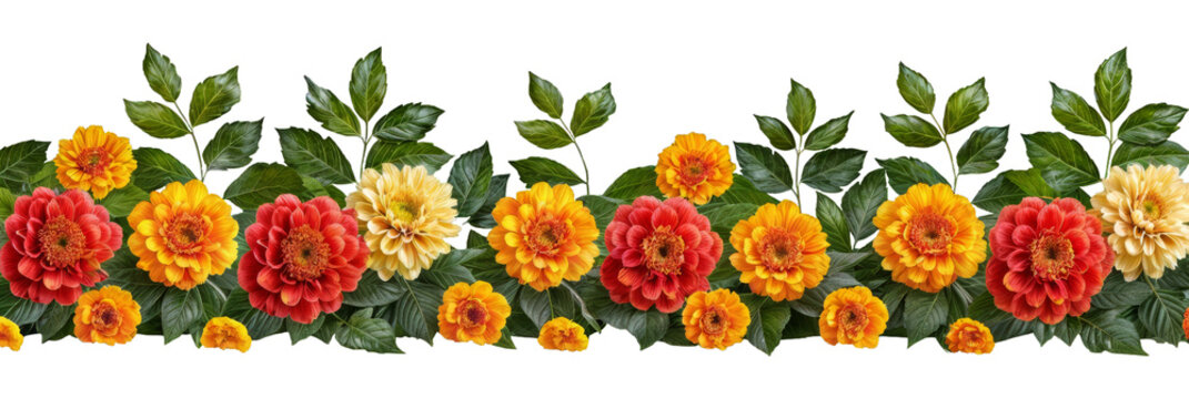 Orange and red marigold flowers isolated on transparent background. Chinese mid autumn festival or toran Indian traditional Diwali decoration. Symbol of mexican holiday Day of dead