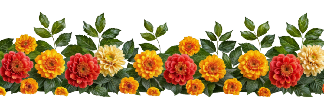 Orange and red marigold flowers isolated on transparent background. Chinese mid autumn festival or toran Indian traditional Diwali decoration. Symbol of mexican holiday Day of dead