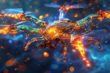 Obraz premium Futuristic crab like drone with glowing blue and orange components showcasing advanced technology and innovative design in a sci fi setting.
