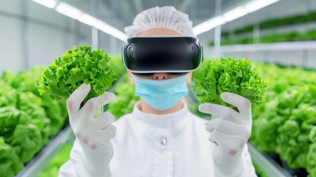 Scientist with VR headset examining lettuce in a hydroponic farm, blending technology with agriculture for innovative farming. - Powered by Adobe