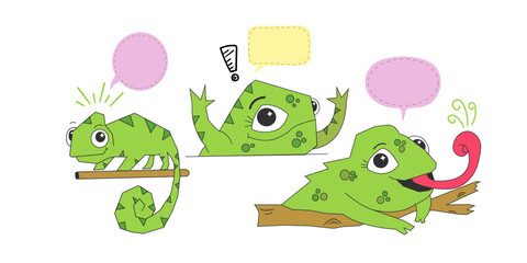 Obraz premium Cute Chameleon Set with speech bubble,Green Chameleon Cartoon Style Hand Drawn,Silly happy little guy. 