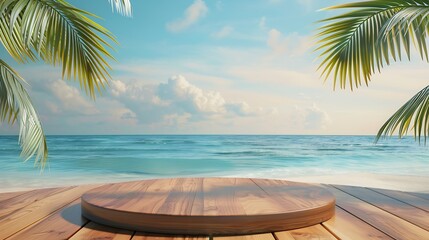 Fototapeta premium Summer product display on wooden podium at sea tropical beach : Generative AI