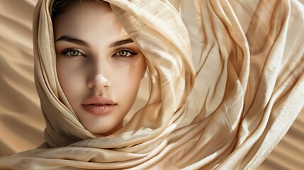 Beautiful Woman wrapped in Beige Silk Scarf Beauty Girl Face with Smooth Skin and Natural Makeup Women Hair Sun Care Headwear Scarves over Desert Sand background : Generative AI