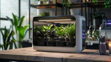 A modern indoor garden system with various plants growing under artificial lights.