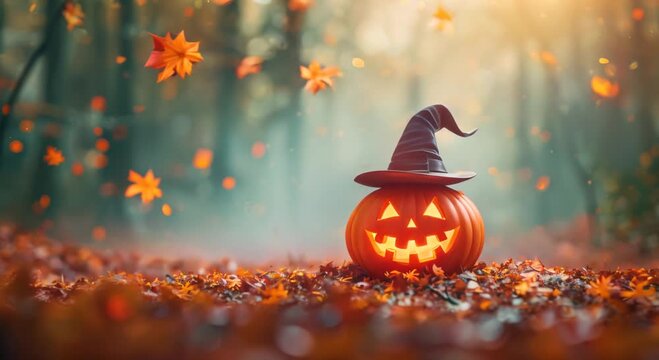 Cute 3D illustration of a smiling pumpkin with a witch hat in a spooky forest background
