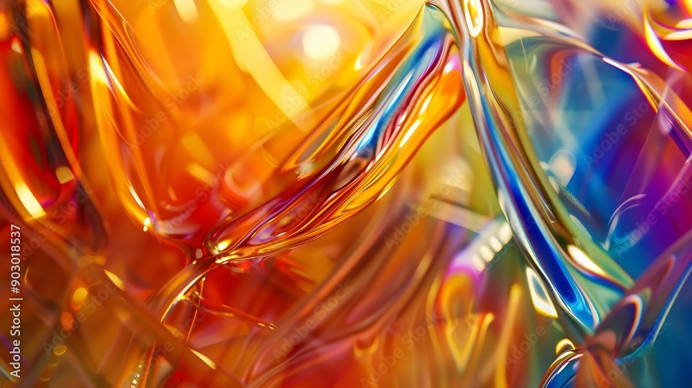 Poster A complex interplay of rainbow colors creates a liquidlike abstraction on a 3d glass surface with warped and stretched light : Generative AI